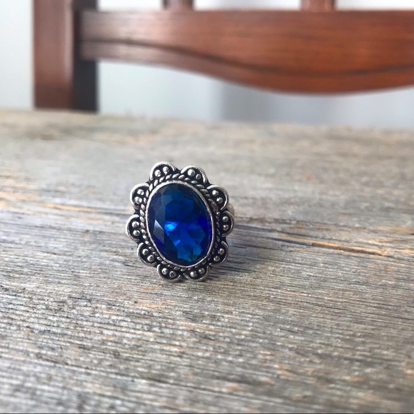 Sterling silver plated blue quartz cocktail ring oval scrollwork boho jewelry - Picture 3 of 7